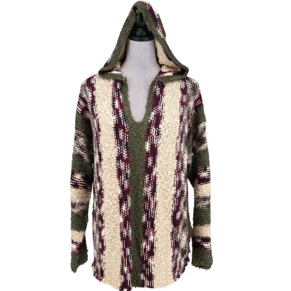 Cupio Sweater Womens Large Ivory Green Chunky Knit Hooded V-neck Aztec Western